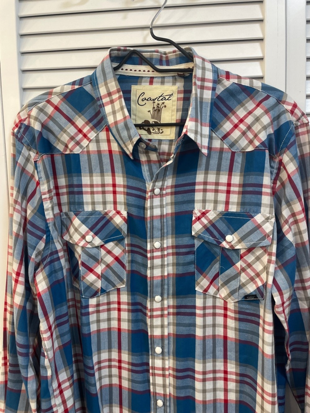 Coastal Red & Blue Plaid Snap Button-Down Shirt Pockets Mens Size Large